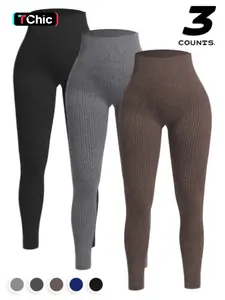 3pcs Women's Seamless Soft Yoga Pants, High Waisted Ribbed Fitness Leggings, Perfect for Running, Cycling, and Gym Use, Comfortable Sportswear, Fitness Training Tights