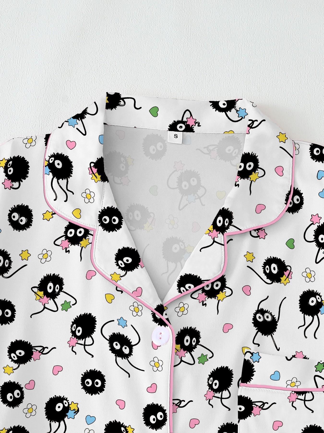 Cartoon Print Women's Pajama Set, Pjs, Comfortable Two-Piece, Short Sleeve Button-Up Top and Elastic Shorts, Casual Home Wear, Loungewear, Nightwear, Party Gift