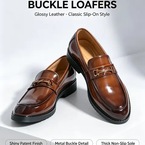Men's Business Fashion Double Buckle Decorated Loafers, Round Toe Footwear, Formal Occasion Solid Color Dress Shoes, Male All-match Commuter Shoes for Work & Daily Wear, Original Shoes