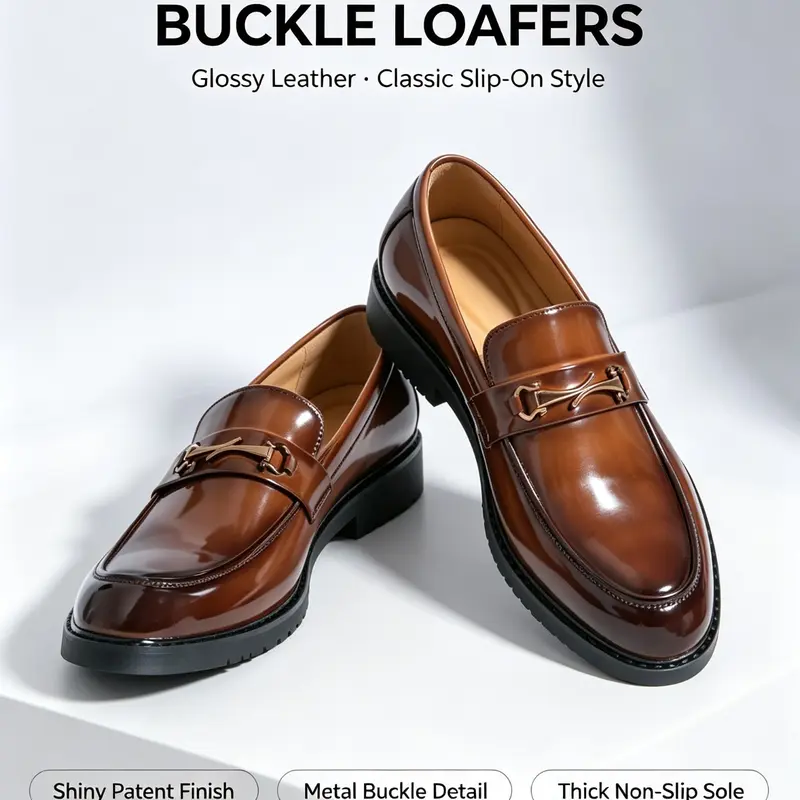 Men's Business Fashion Double Buckle Decorated Loafers, Round Toe Footwear, Formal Occasion Solid Color Dress Shoes, Male All-match Commuter Shoes for Work & Daily Wear, Original Shoes