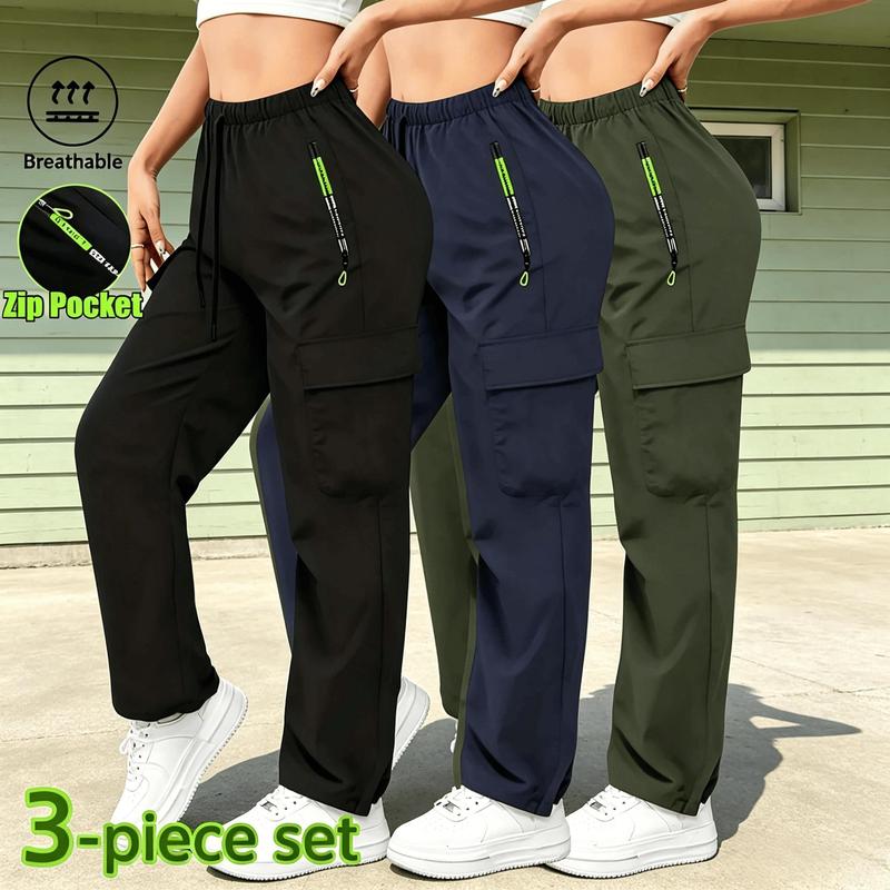 Women's 3-Piece Elastic Slim-Fitting Athleisure Joggers - Full-Length Female Clothing, Quick-Dry Breathable All-Seasons Golf Wear, Adjustable Elastic Waistband, Relaxed Straight Leg, Multiple Pockets, Machine Washable for Yoga, Daily Use