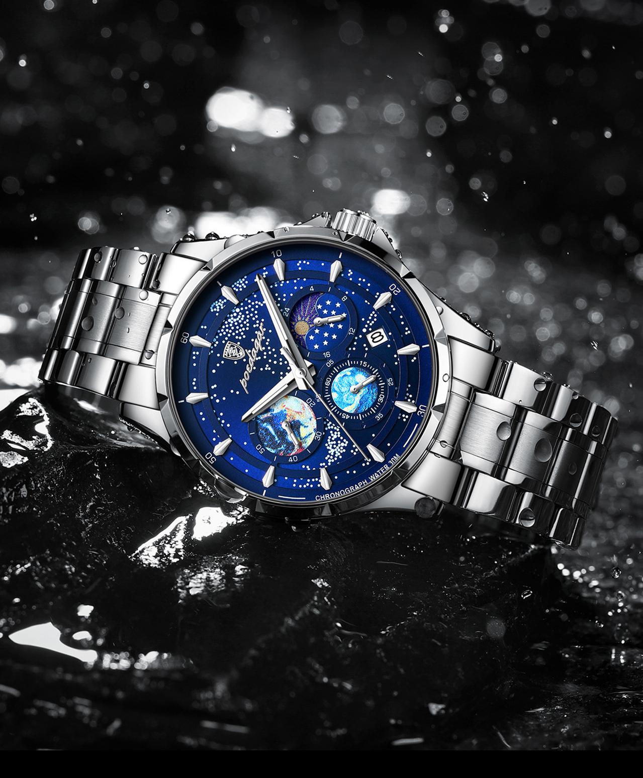Men's Ultra-Slim Sports Watch - 42mm Chronograph Quartz Watch, Onion Crown, Luminous Moon Phase, Tachymeter, 50M Water Resistant, Stainless Steel Band, Round Face