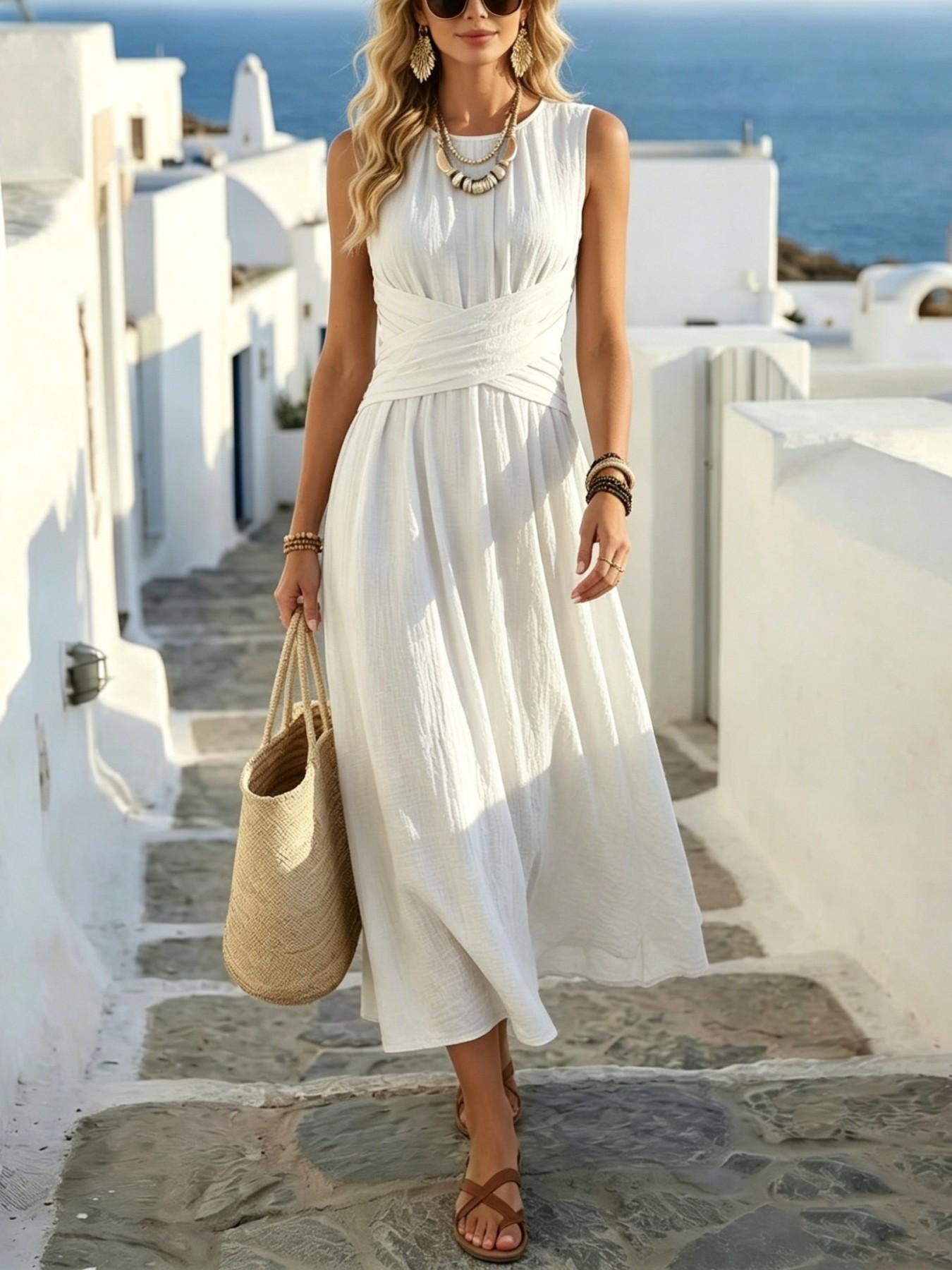 Boho Style Lightweight Sleeveless Midi Dress, Loose Fit Casual Daily Wear, Summer Women's Dress