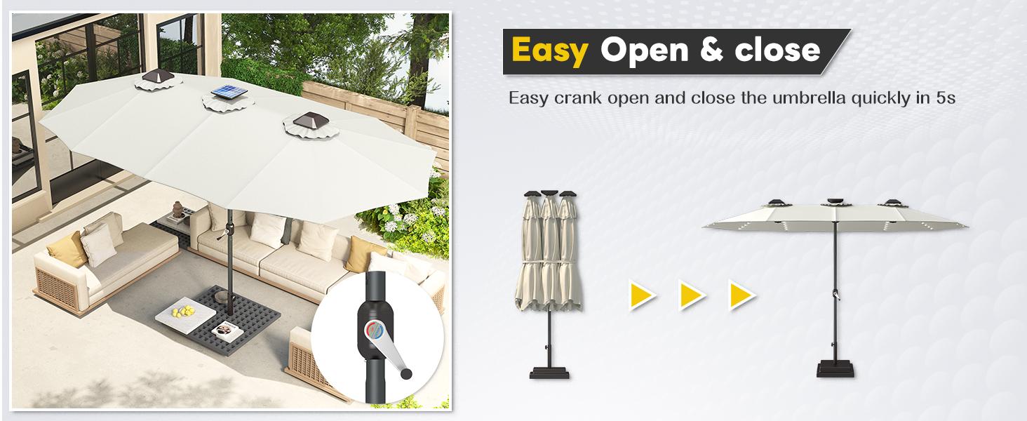 AECOJOY [No Base] 15ft Patio Umbrella with Solar Lights, Large Double Umbrella Outdoor Patio LED Lights and Crank Handle Cream(1.9" Pole) Lighting Garden