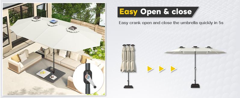 AECOJOY [No Base] 15ft Patio Umbrella with Solar Lights, Large Double Umbrella Outdoor Patio LED Lights and Crank Handle Cream(1.9" Pole) Lighting Garden