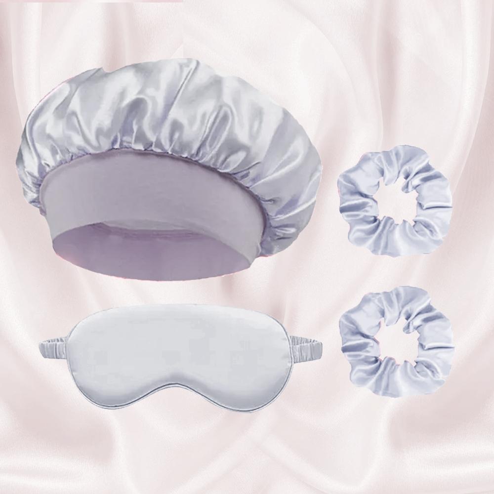 Sleep Mask and Hair Care Tool Set, Satin Sleep Cap, Soft Sleeping Eye Mask, 2 Hair Scrunchies, Alcohol-Free, Ideal for Travel & Home Use
