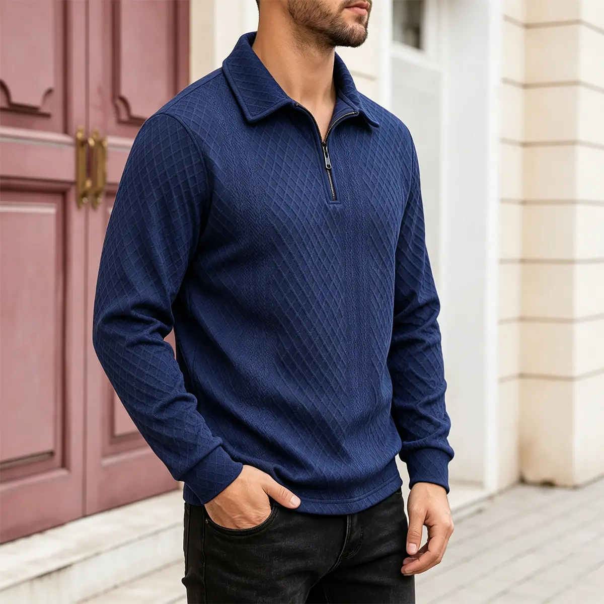 Men's Diamond Pattern Jacquard Half-Zip Lapel Sweatshirt - Adjustable Open Collar, Classic Long-Sleeved Cuffs, Soft Loose Pullover Tops for Menswear Casual Home Rest, Light Business - Machine Washable