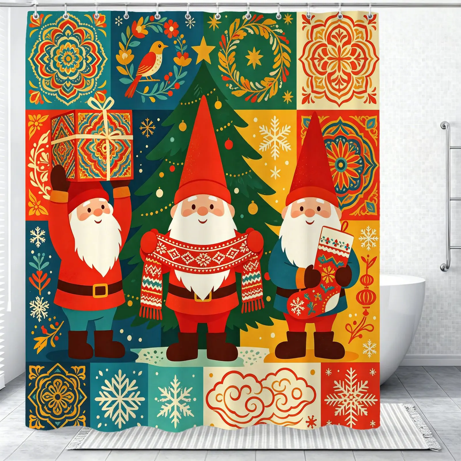Christmas Gnome Vintage Bohemian Shower Curtain, Waterproof Fabric, Easy to Install, Perfect for Home, Hotel and Dorm Bathroom Decor, Festive Holiday Bathroom Decoration with Retro Folk Art Patterns
