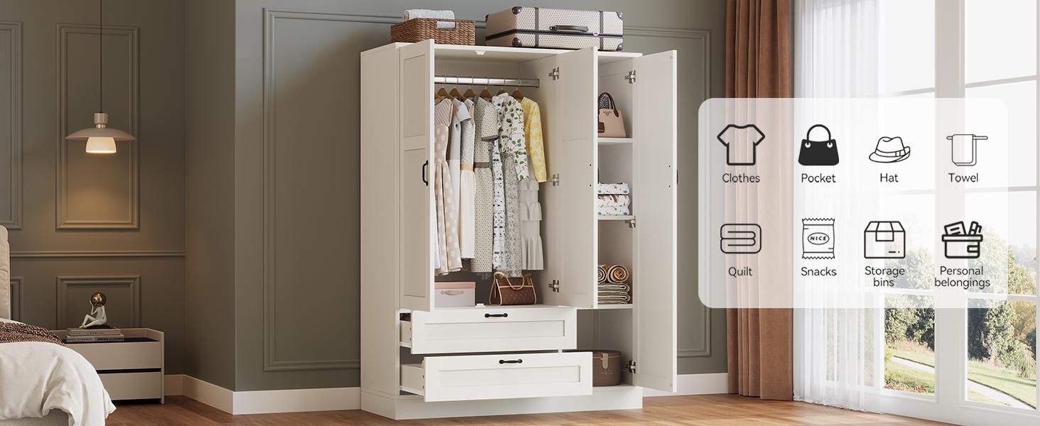 FUSOU 5-in-1 Wardrobe Closet with Full Length Mirror and 2 Drawers, Freestanding Storage Cabinet with Adjustable Shelves, Modern White Wood Armoire for Bedroom Organization FUSOU 5-in-1 Wardrobe Closet with Full Length Mirror and 2 Drawers, Freestanding Storage Cabinet with Adjustable Shelves, Modern White Wood Armoire for Bedroom Organization