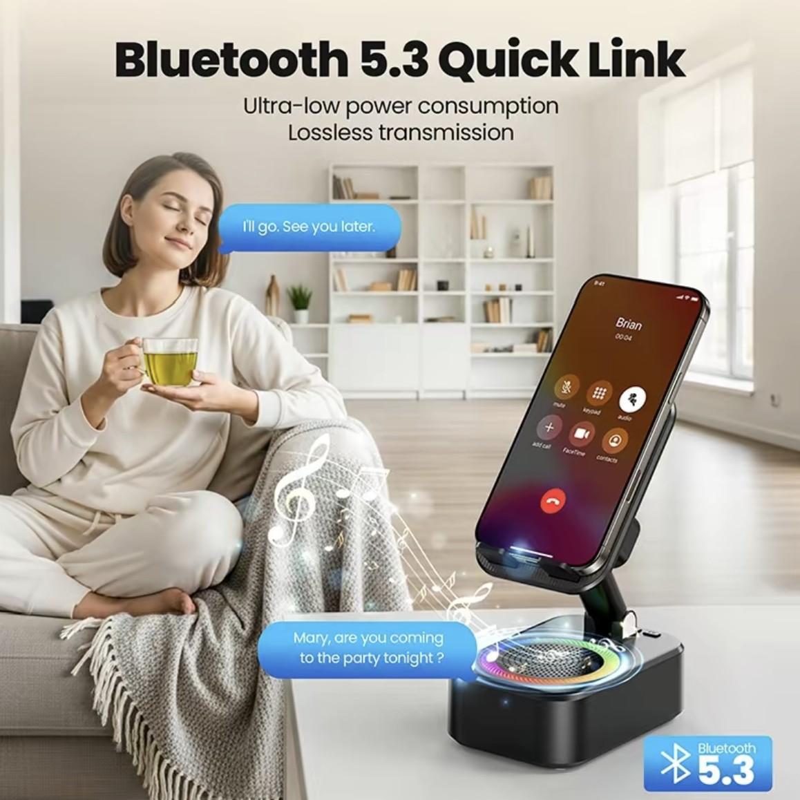 New Upgraded 5-In-1 Wireless Bluetooth-compatible Speaker, 1800mah Portable Power Bank, Tablet Stand, Phone Holder, Colorful Ambient Light, Foldable Base