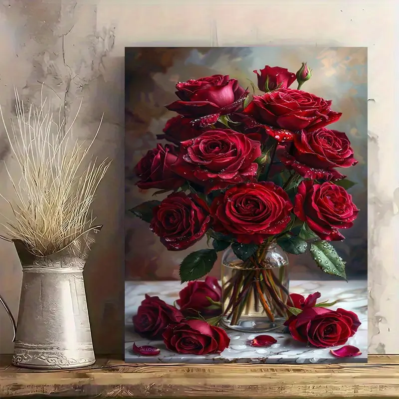 1pc Large Red Rose Bouquet  Painting -  Large Wrapped Canvas  Frame, Classic Elegant Roses Picture, Ready-to-Hang for Wedding, Anniversary, Valentine's Day Gift, Home Decor for, Bedroom, Office - Floral