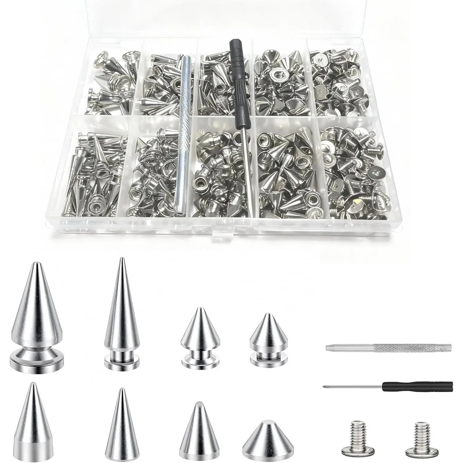 364 Sets Punk Spikes and Studs Kit, 8 Sizes Cone Spikes with Screws for Leather Jacket, Belt, Bag, Shoes, Includes Punch & Screwdriver for DIY Clothing & Craft Decoration