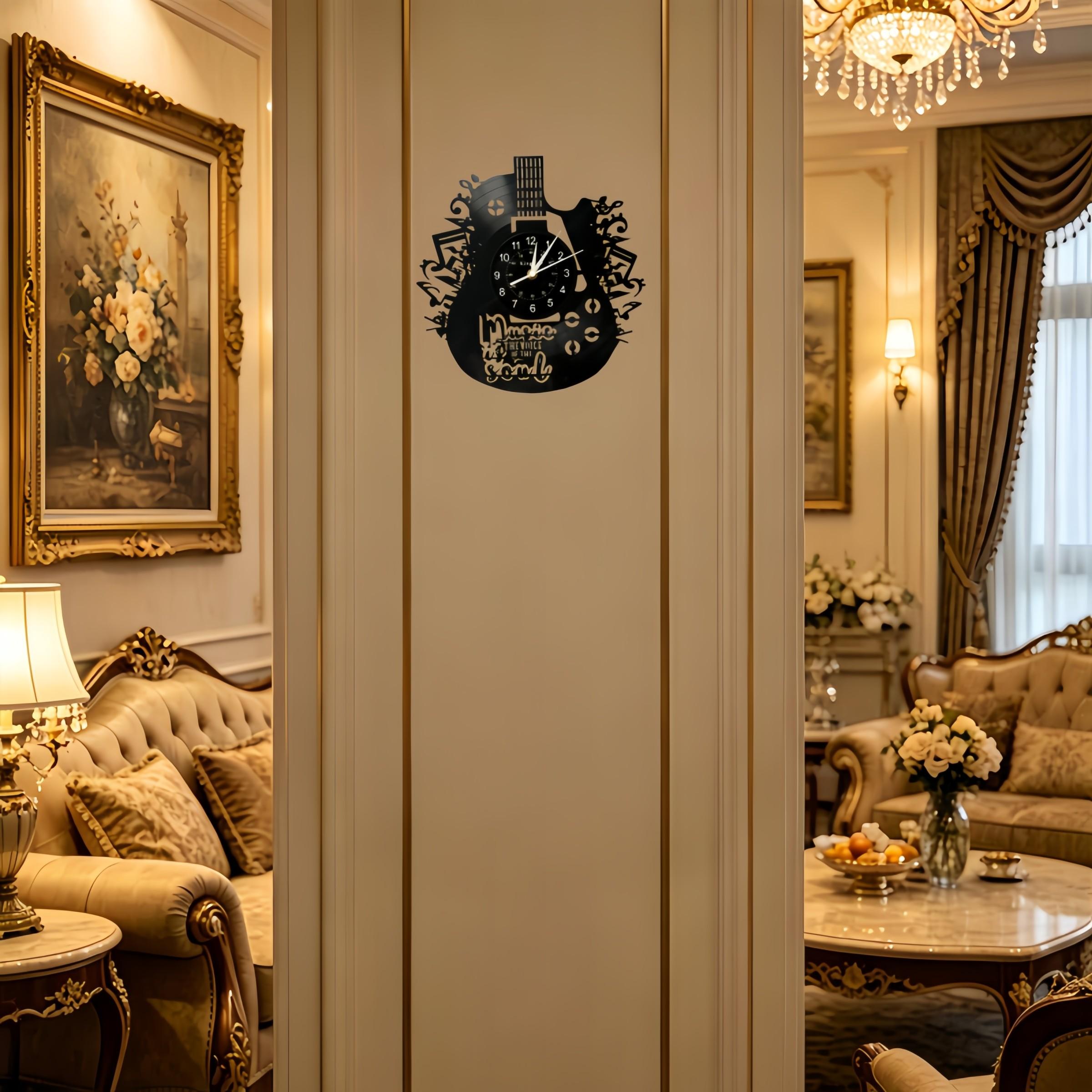 Guitar Shape Vinyl Wall Clock, Musical Notes Design, Inspirational Quote, Artistic Decor for Living Room, Music Room, Studio, Guitar Shop