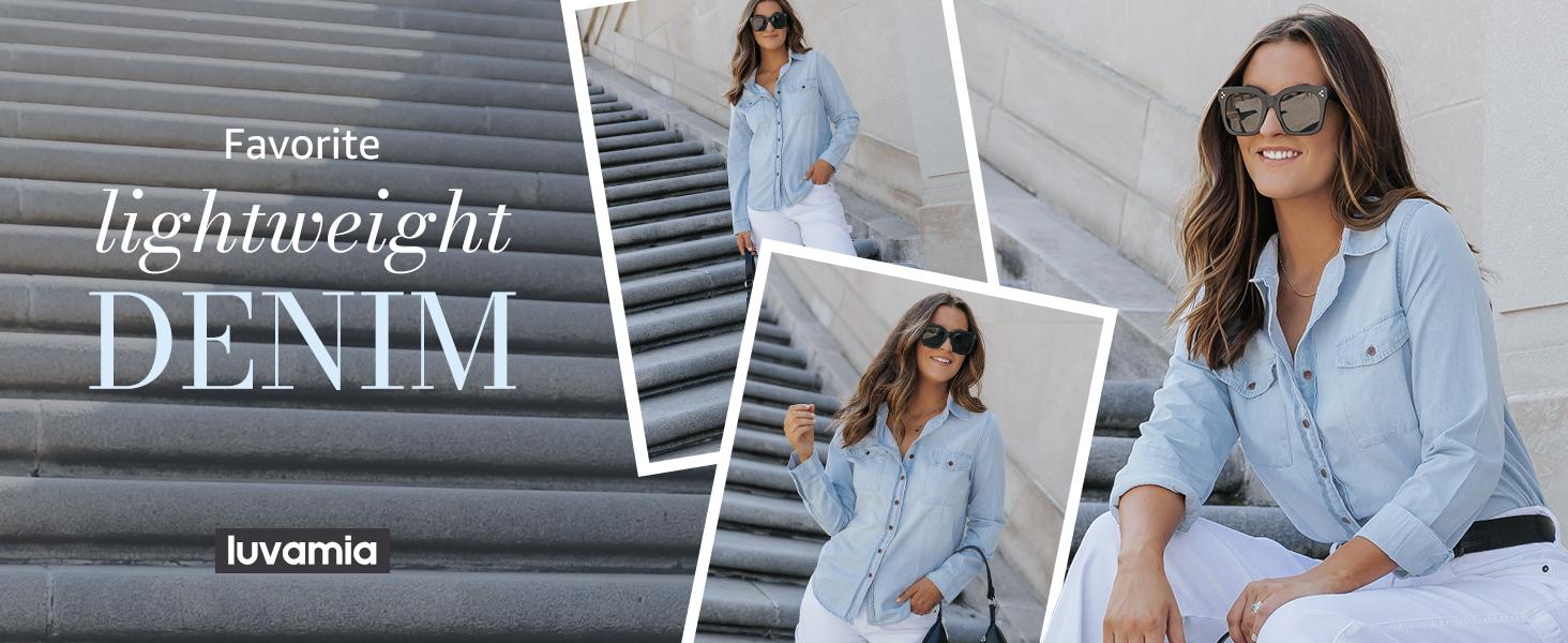 luvamia Denim Shirt Women Chambray Jean Western Shirts Long Sleeve Button Down Tops Cotton Collared Casual Womenswear Blouse luvamia Denim Shirt Women Chambray Jean Western Shirts Long Sleeve Button Down Tops Cotton Collared Casual Womenswear Blouse