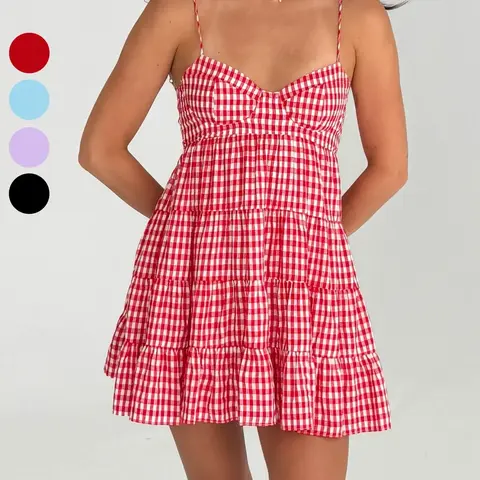 Women's plaid camisole backless strap Sleeveless dress - casual daily - suitable for summer Casual Everyday Wear dresses