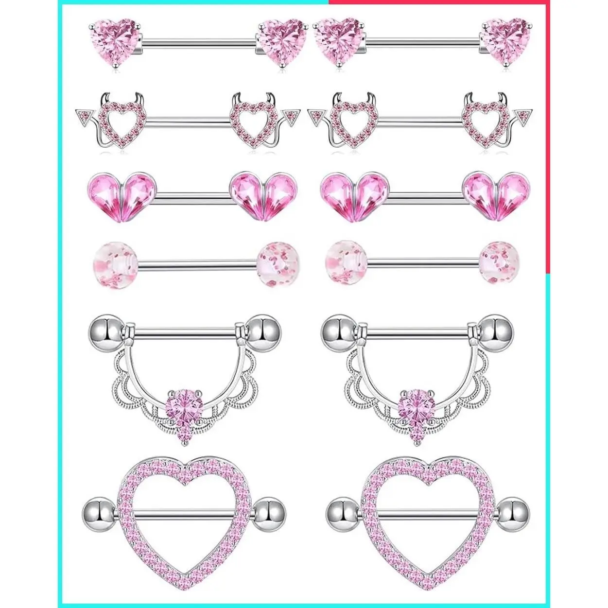 6 Pairs Stainless Steel Nipple Rings Set with Heart, Butterfly, Moon & Flower CZ Stud Barbell Tongue Rings - Cute Piercing Jewelry for Women, Pink Tone