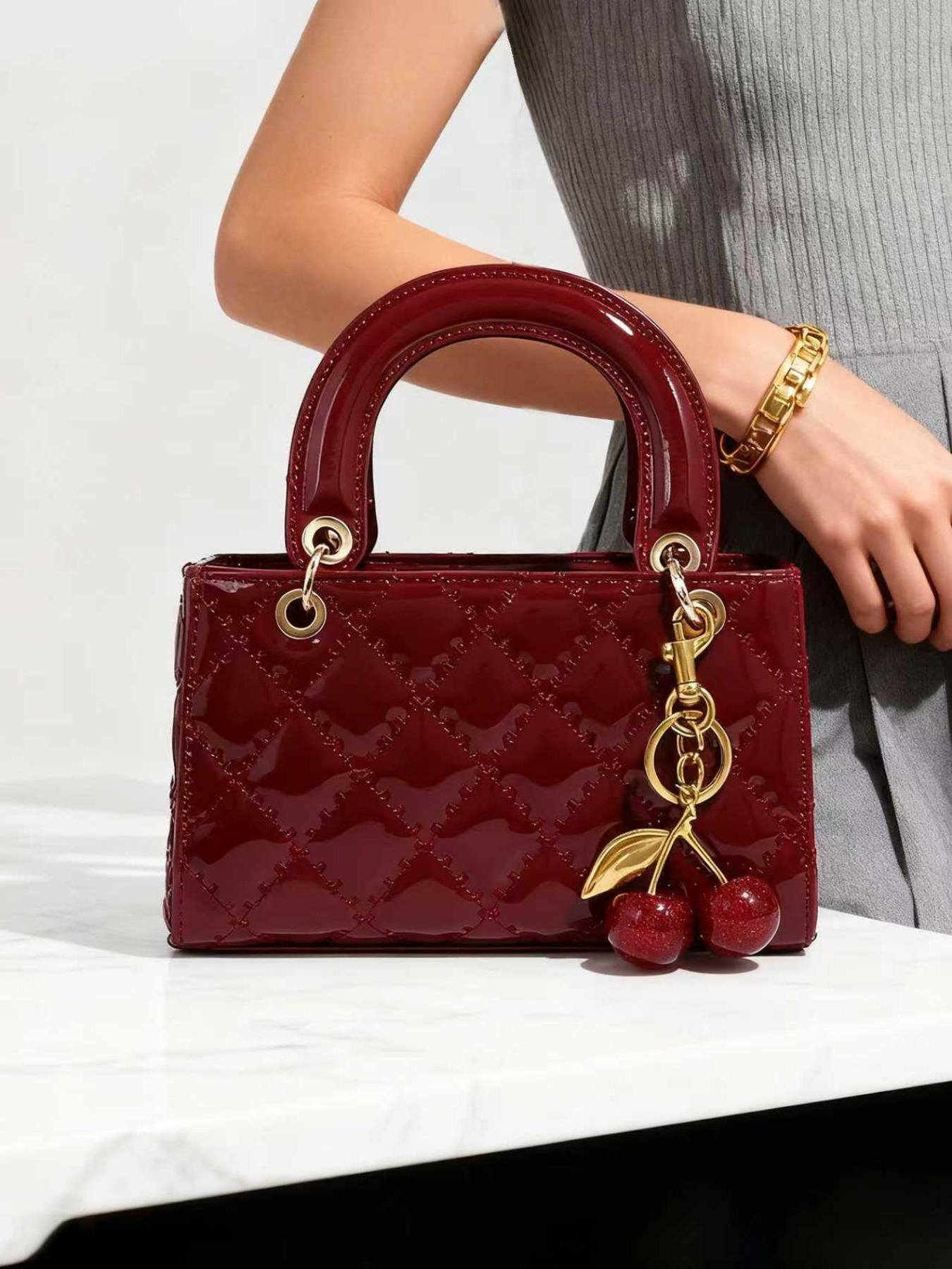Fashion Cherry Pendant PU Handbag, Women's Small Square Bag, New Quilted Shoulder Bag, Versatile Crossbody Bag, Elegant Handbag
