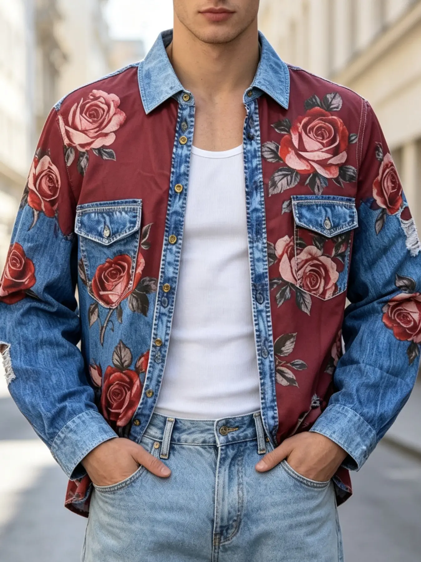 Ainwear Men Retro Rose Floral Print Long Sleeve Shirt, Fake Ripped Patchwork Graphic Button Down Shacket, Vintage Streetwear Casual Shirts
