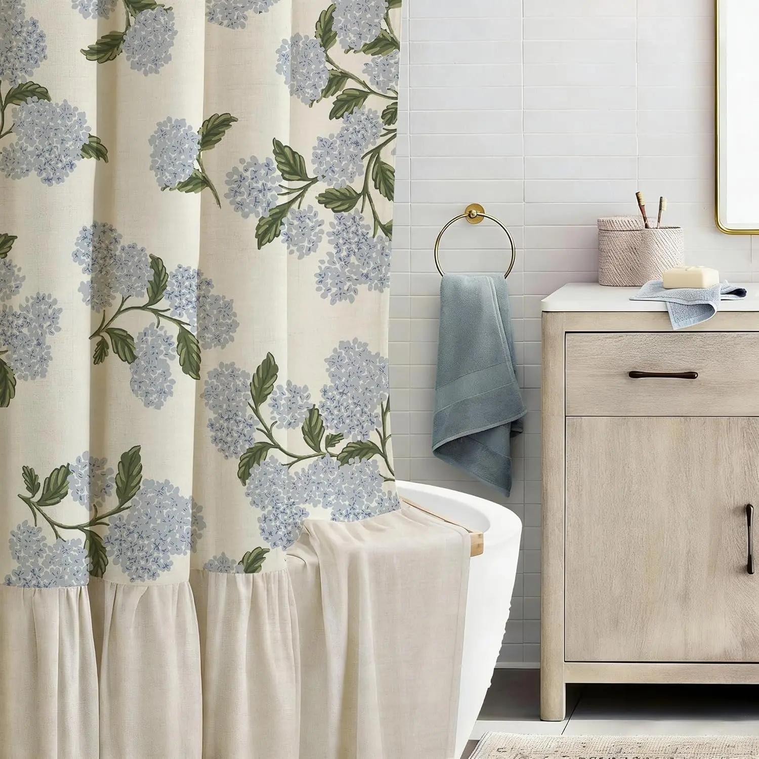 72x72 in Linen Textured Ruffle Shower Curtain with Metal Hooks - Vintage Blue Floral Hydrangea, Boho Waterproof, for Rustic Farmhouse Bathroom Decor, Shower Curtains
