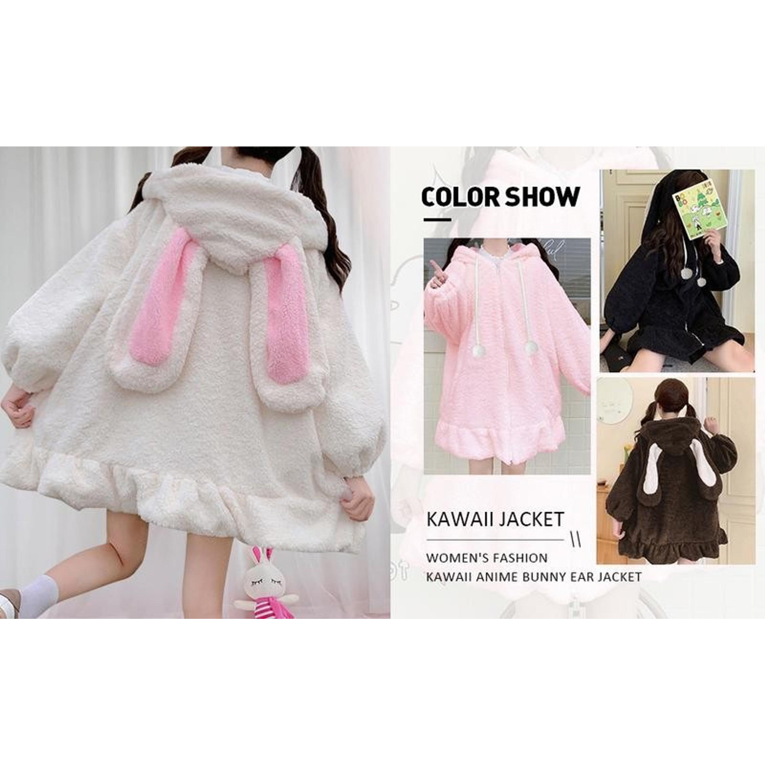 Anime Bunny Ear Hoodies For Women Sweet Lovely Fuzzy Fluffy Rabbit Sweater Tops Cosplay Jacket Coats Cute Kawaii Bunny Hoodie Jacket Coats for Women Fuzzy Fluffy Rabbit Hooded Sweatshirt Outwear