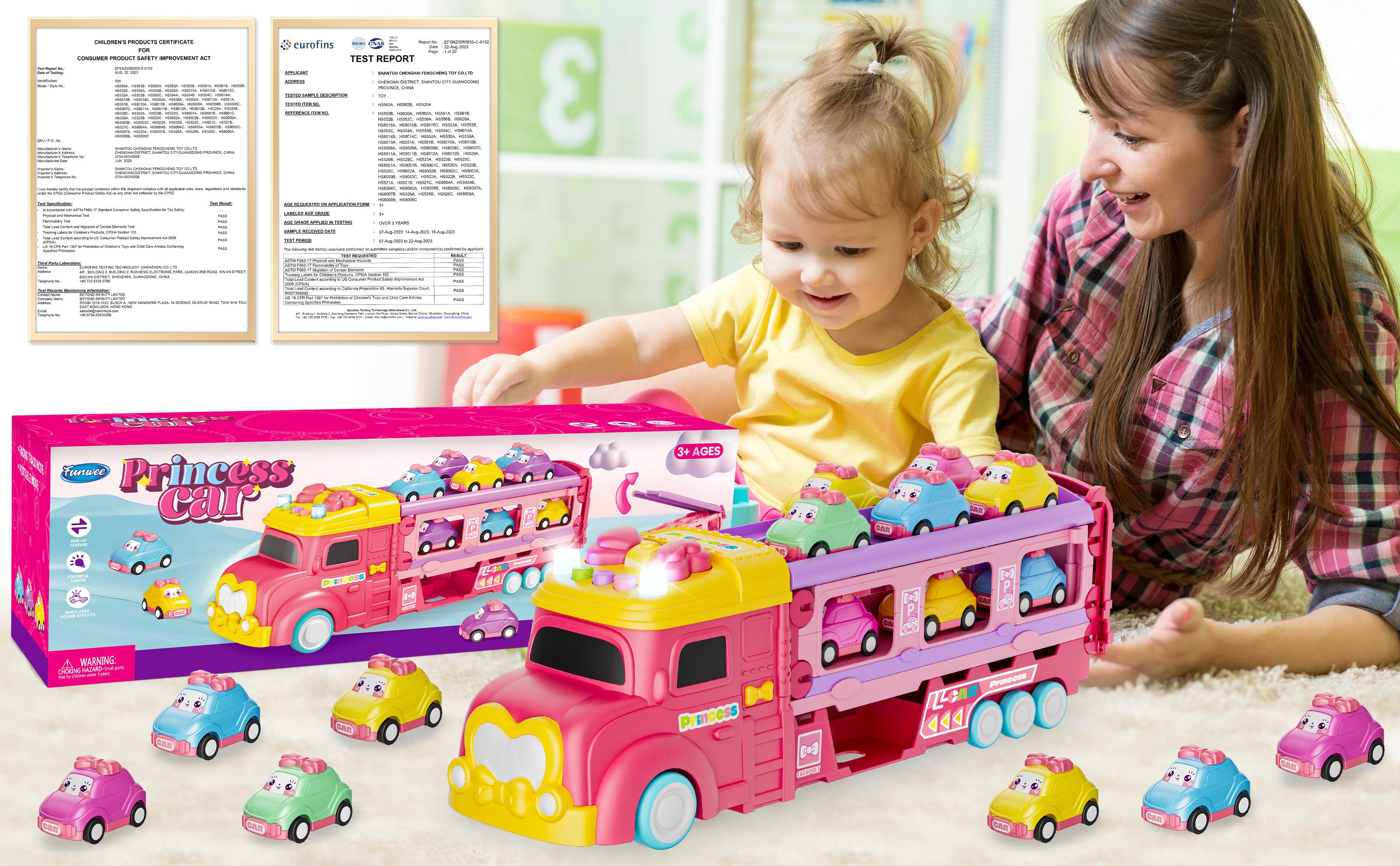 Durable Car Toys Unicorn Car for Age 2-7 Girls - Multifunction Foldable Track & 2 Player Race Mode Game with Light & Sound Push Transport Carrier Truck Kids Christmas gifts Warmed up for holiday