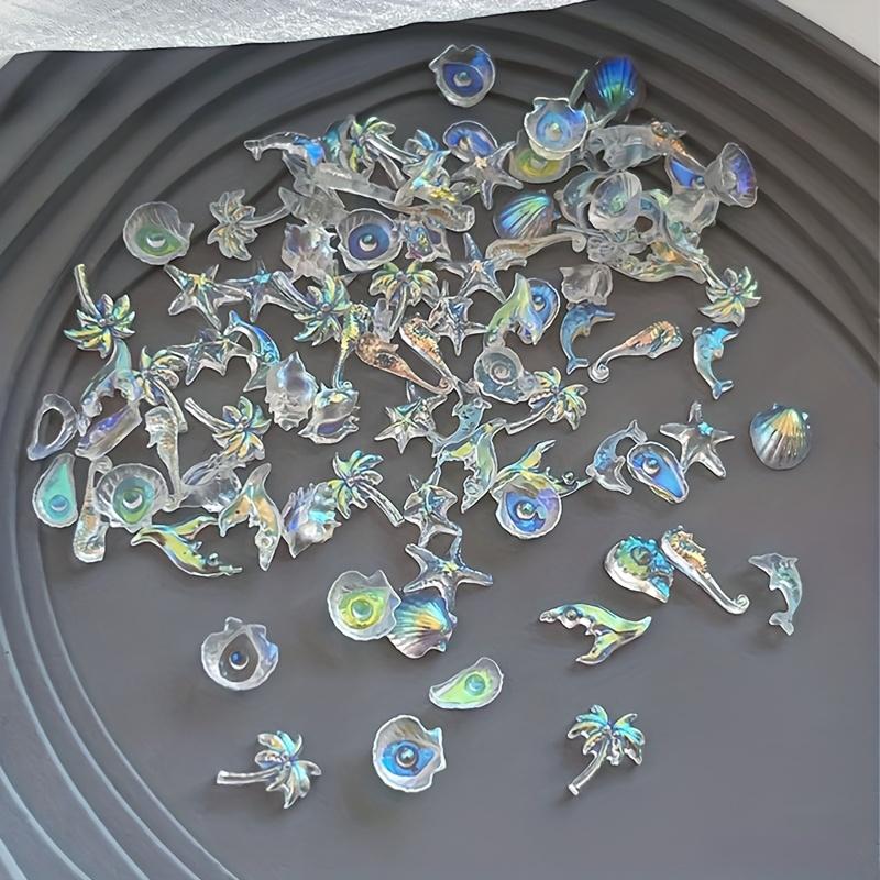 50pcs Assorted Pearlescent Shell Nail Charms Ice-Clear Aurora Ocean Series Starfish Scallop Resin Nail Decorations