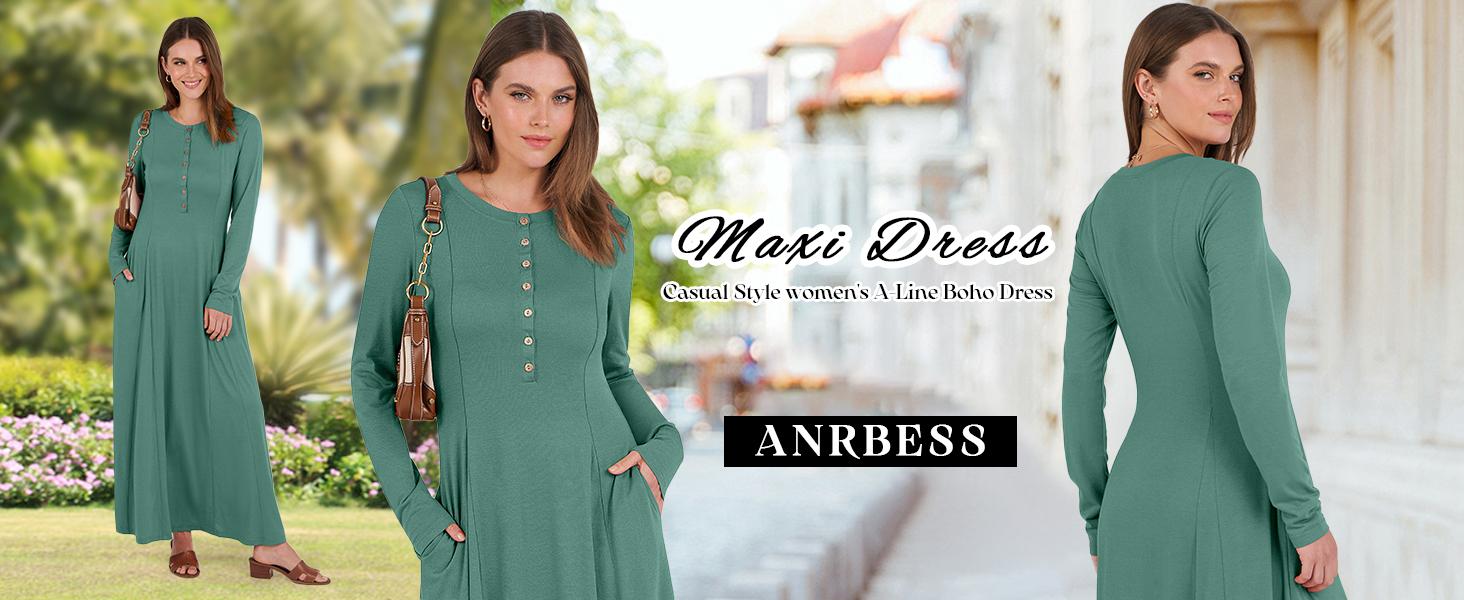 ANRABESS Women's Long Sleeve Maxi Dress 2025 Fall Casual Button Fit & Flare A-Line Swing Flowy Long Dresses Trendy Outfits