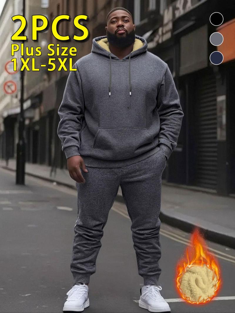Men's Fall Winter Two-Piece Set, Hooded Plush Jacket & Casual Pants, Plus Size, Multiple Colors, Ideal for Outdoor Activities