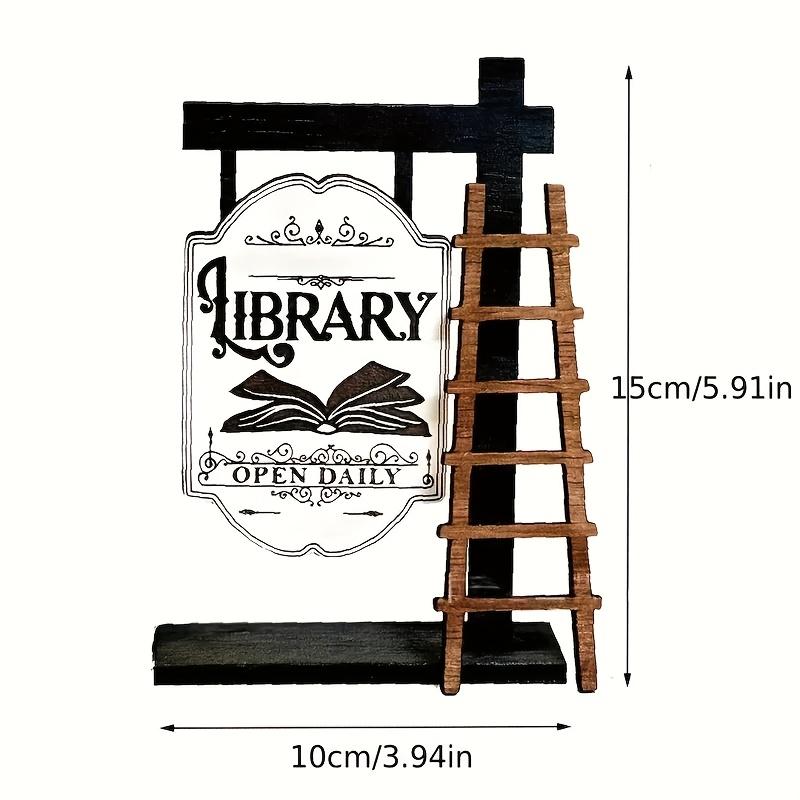 Vintage Wooden Library Sign, Elegant Shelf Design, Mini Desktop Decor, Wood Material, English Text, Home and Office, Desk Accessories