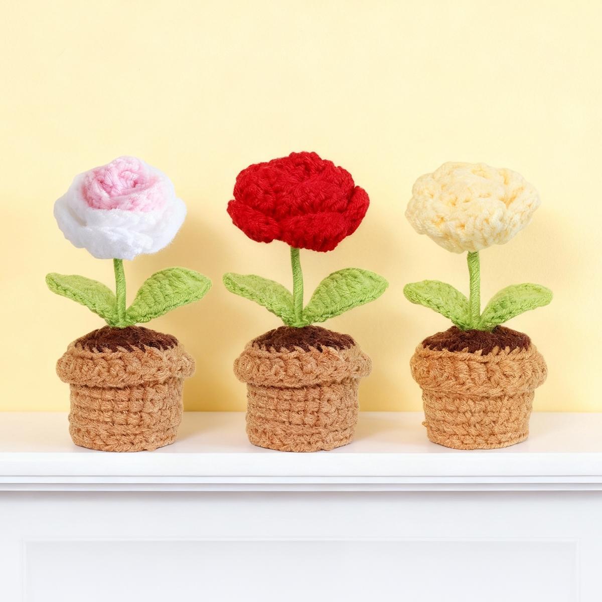 Sunflower Design Artificial Sunflower Crochet Flower Potted Plant, 3 Counts/set Cute, Home Decor Supplies for Living Room Bedroom Office, Decoration Items