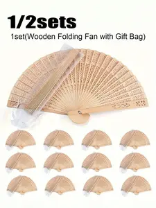 Wooden Folding Fan with Gift Bag, Vintage Wooden Handheld Fan, Bamboo Decorative Accessories, Wedding Souvenir, Birthday Present
