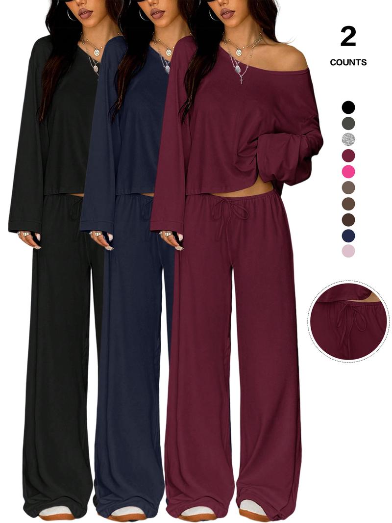 Women's 2 Piece Matching Lounge Set, off the Shoulder Long Sleeve Top, Drawstring Wide Leg Pants, Casual Sweatsuit, All Seasons