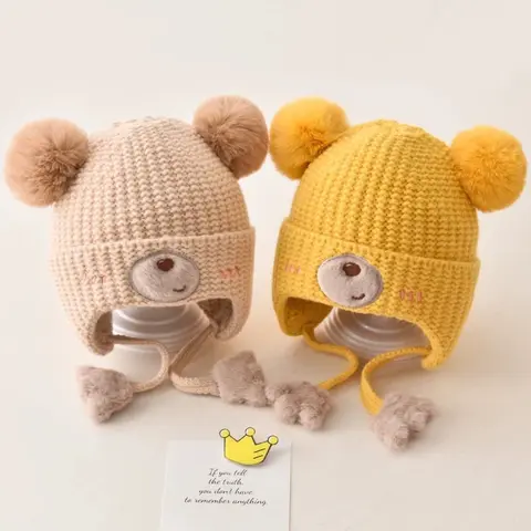 Baby Winter Pure Cotton Knit Earflap Hat - Cute Bear Pom Pom, Soft Cozy Toddler Size Beanie, Windproof Cap for Infant Boys, Girls' Hat for Cold Weather Outdoor Daily Head Protection