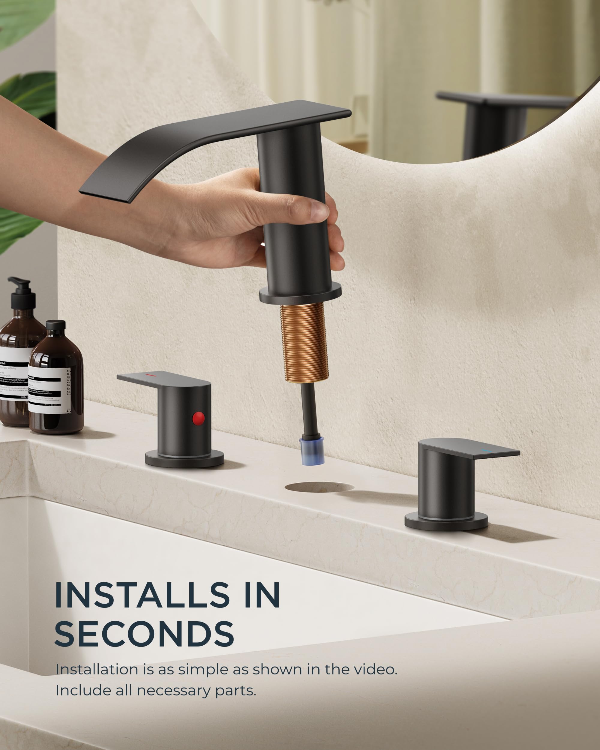 FORIOUS Waterfall Bathroom Faucet with Metal Pop up Drain Stopper 2 Handle 3 Hole Widespread Bathroom Sink Faucet Water Tap with Supply Pipes