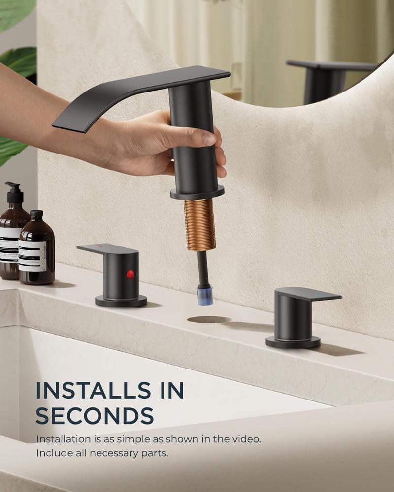 FORIOUS Waterfall Bathroom Faucet with Metal Pop up Drain Stopper 2 Handle 3 Hole Widespread Bathroom Sink Faucet Water Tap with Supply Pipes