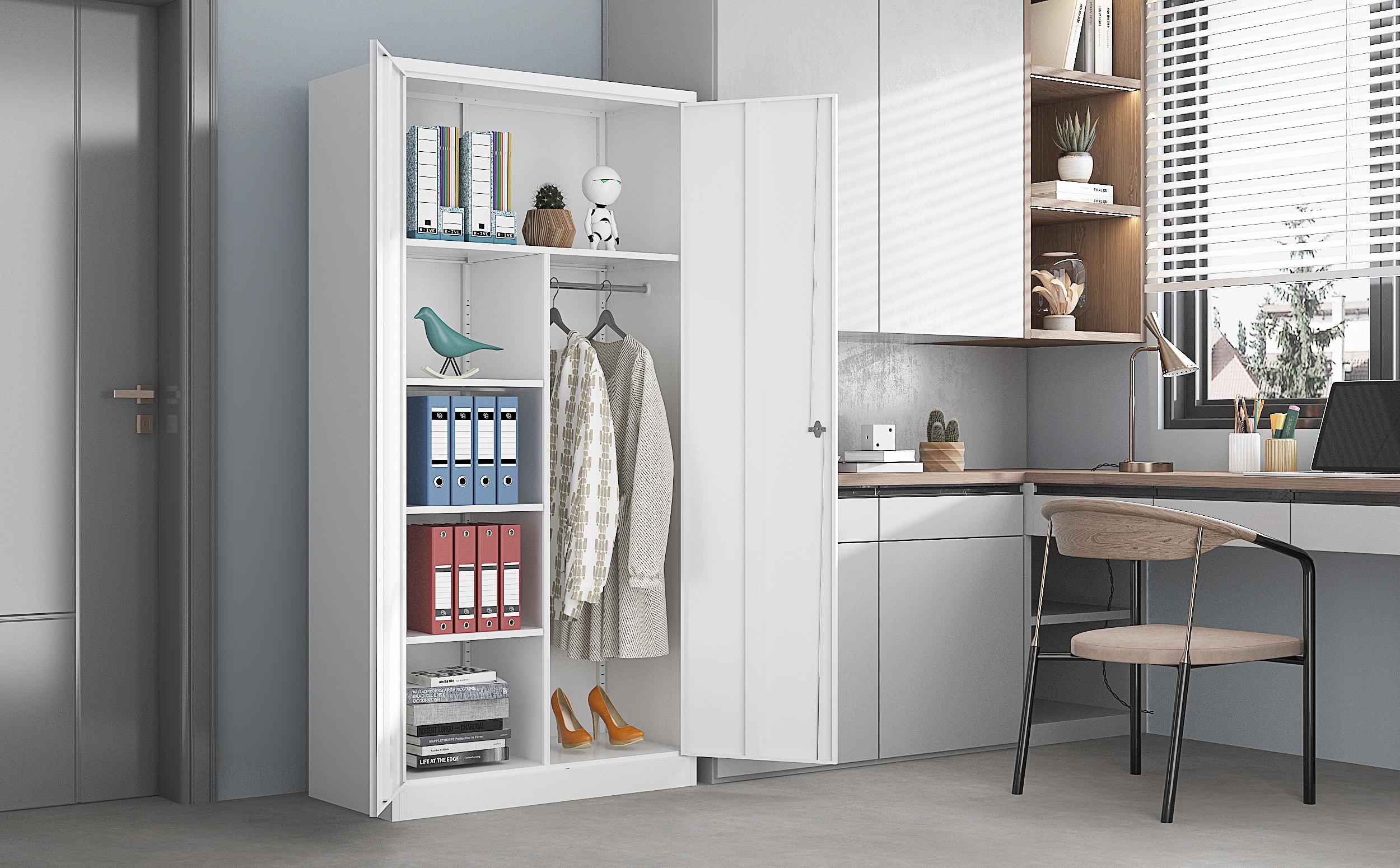 Yizosh Steel Wardrobe, 72" Combination Storage Cabinet with Clothes Rod and 4 Shelves Organizer Storage, 2 Lockable Doors, for Office Home, Garage, Laundry Room Yizosh Steel Wardrobe, 72" Combination Storage Cabinet with Clothes Rod and 4 Shelves Organizer Storage, 2 Lockable Doors, for Office Home, Garage, Laundry Room