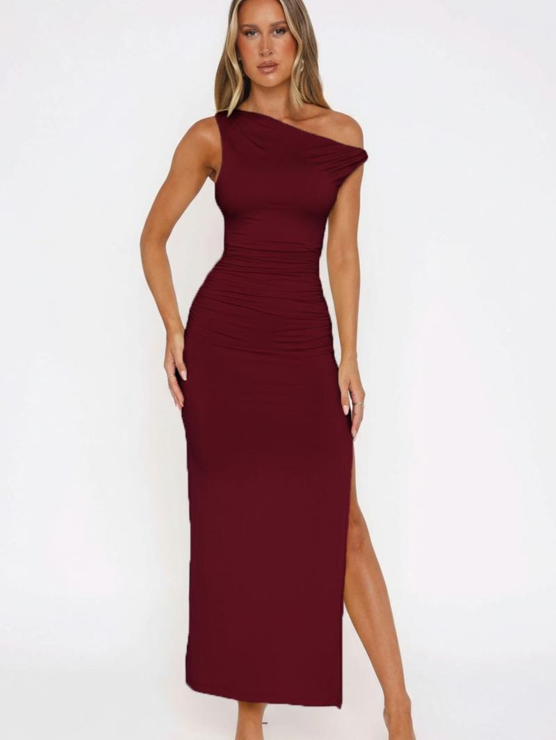 Spring Summer New One Shoulder High Slit Evening Dress, Slim Fit A-Line Floor-Length Gown, Elegant Party Wedding Dress