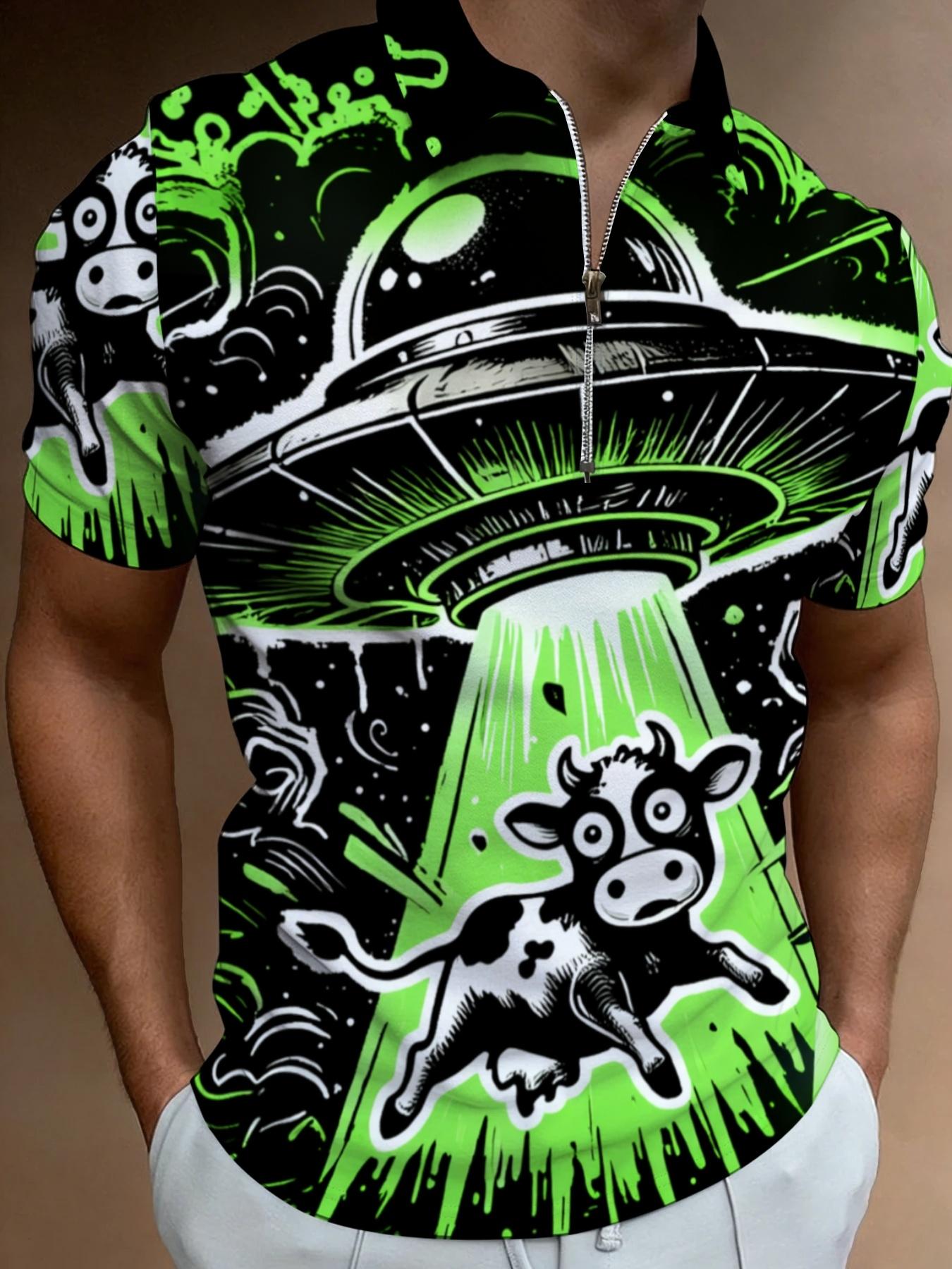 Men's Blue Geometric Pattern Short Sleeve Polo Shirt, Fashion Casual Zip Neck Top, Summer Trendy Clothing