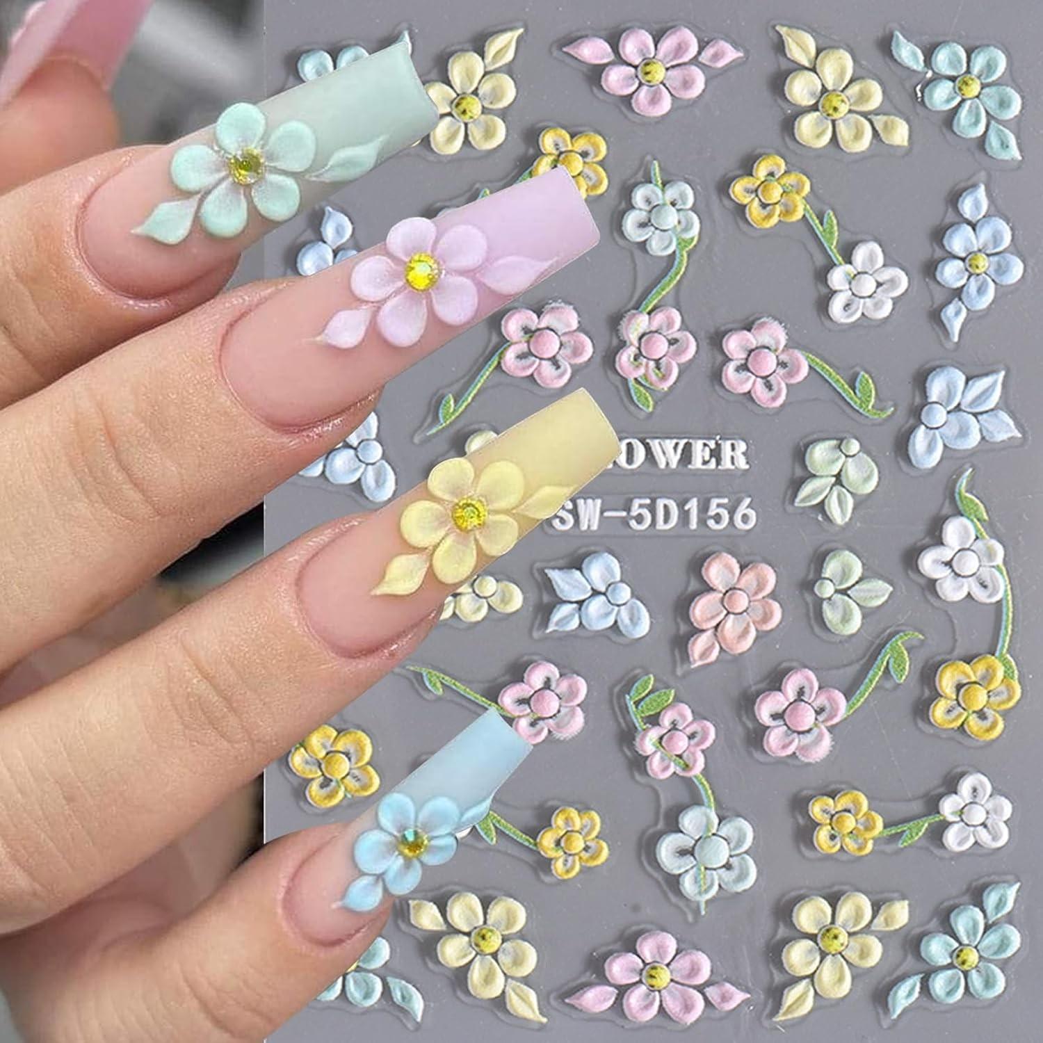 6PCS 5D Flowers Embossed Hibiscus Nail Stickers, Self Adhesive Summer Spring Flower Nail Art Decoration for Women, White Pink Hawaiian Floral Petals Nail Art Decoration