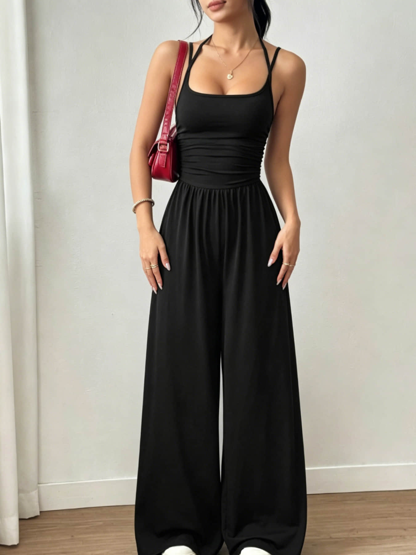 Summer New Fashion Women's Wear Design Double Fine Shoulder Strap One-Piece Wide Leg, Pleated Waist Design, Suitable for Commuting, Daily Wear, Vacation, Home, and Outdoor Adventures