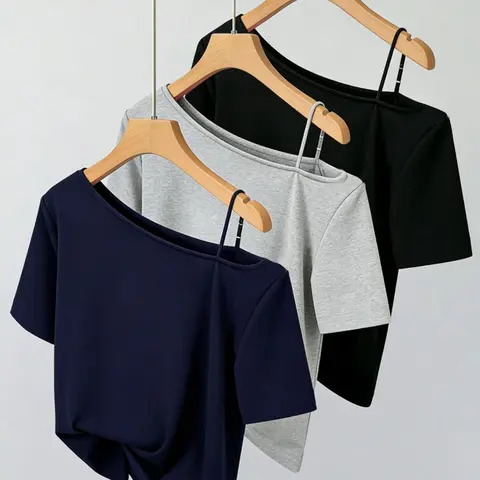 Women's Summer Multifunctional One-Shoulder Loose Short Sleeve T-Shirt, Plain Color Casual Top, Ideal for Dates and Outings