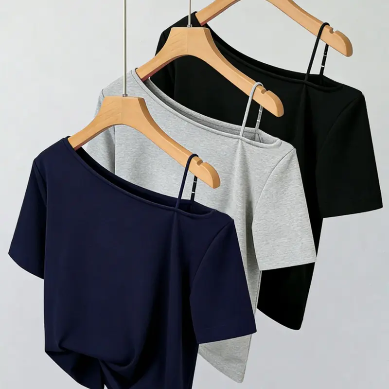 Women's Summer Multifunctional One-Shoulder Loose Short Sleeve T-Shirt, Plain Color Casual Top, Ideal for Dates and Outings
