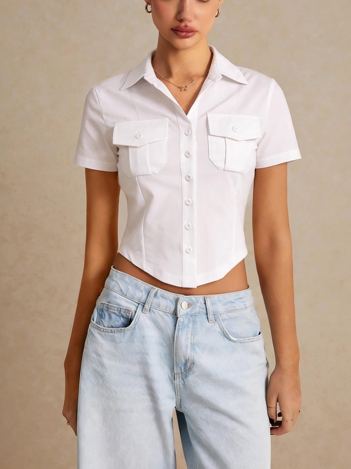 1 Pc Women's White Cropped Button Down Shirt Short Sleeve with Dual Chest Pockets Slim Fit for Casual Office Daily Wear