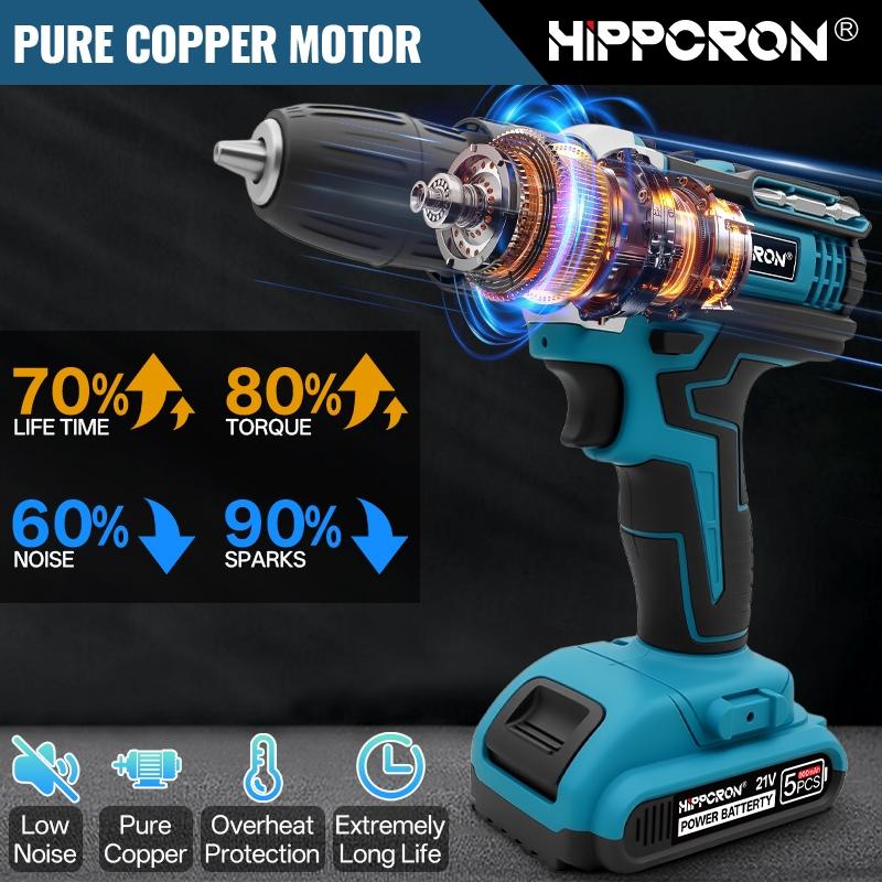 HIPPCRON 21V Cordless Impact Drill Driver Kit, 50N·m 25 GEARS+3 FUNCIONS Torque Settings with 3/8" Keyless Chuck, 800mAh Fast-Charge Battery & LED Light, Compact Professional-Grade Tool for Home Improvement & Auto Repair