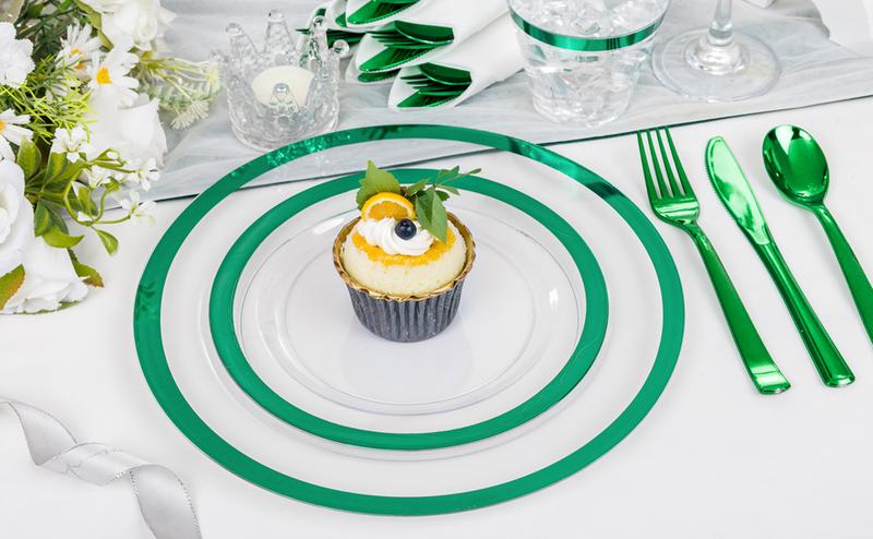 Gold/Silver/Green/Red/Black/Blue/RoseDisposable Plates and Silverware Set: Dinner Plates,Dessert Plates, Cups,Napkins,Knife, forks, spoons-Perfect for Party