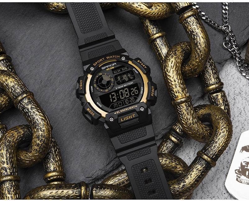 Sanda Fashion Waterproof Digital Watch for Youth, Dual Time, Stopwatch, Alarm, Luminous, Week Date, 12/24h, Casual Style, All Seasons