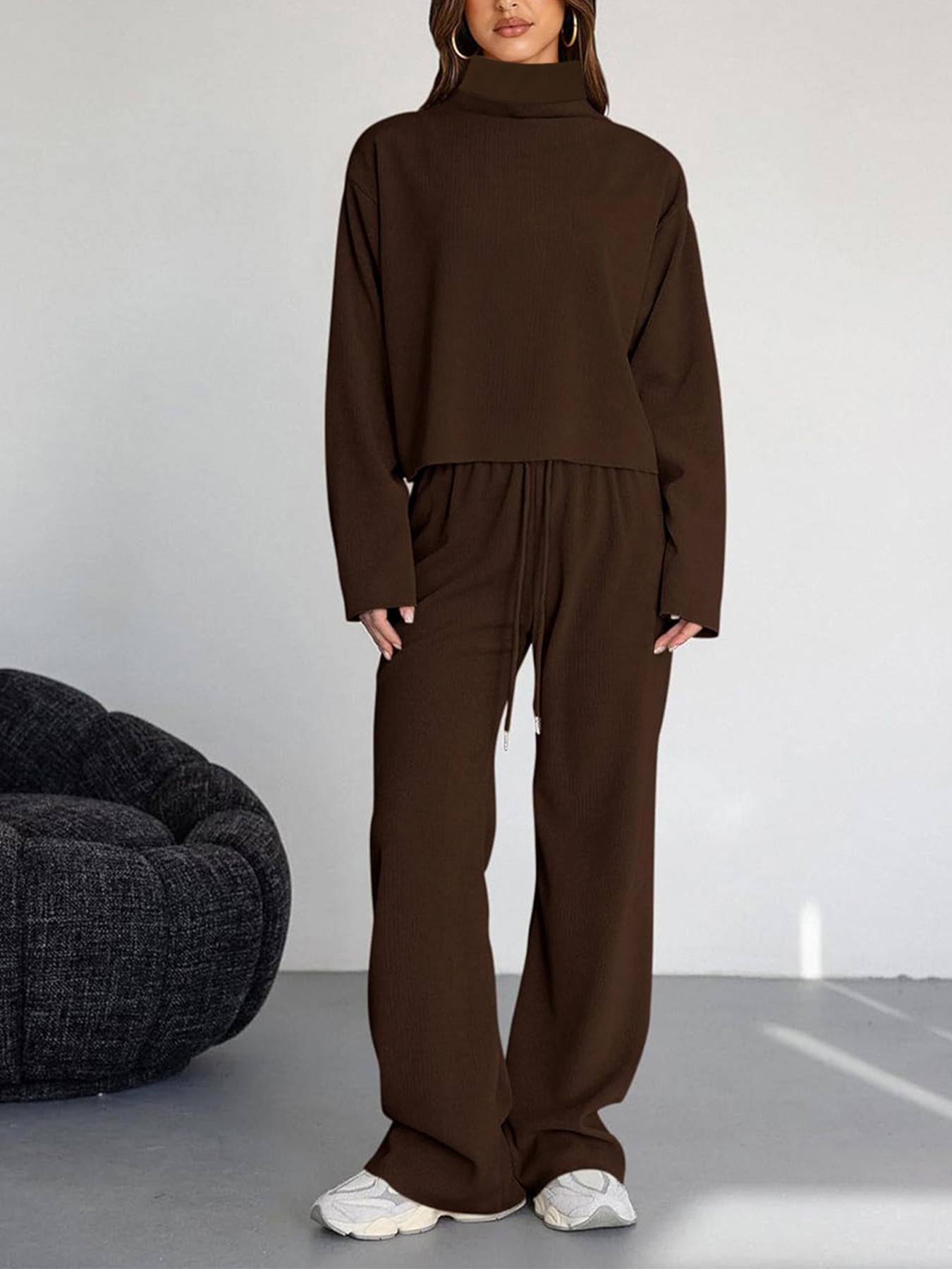 Women's 2 Piece Set Outfits Lounge Sets Ruched Short Sleeve Tops High Waisted Wide Leg Pants Tracksuit Sets, Elegant and casual high-round-neck long-sleeved basic two-piece set Casual Loungewear Set