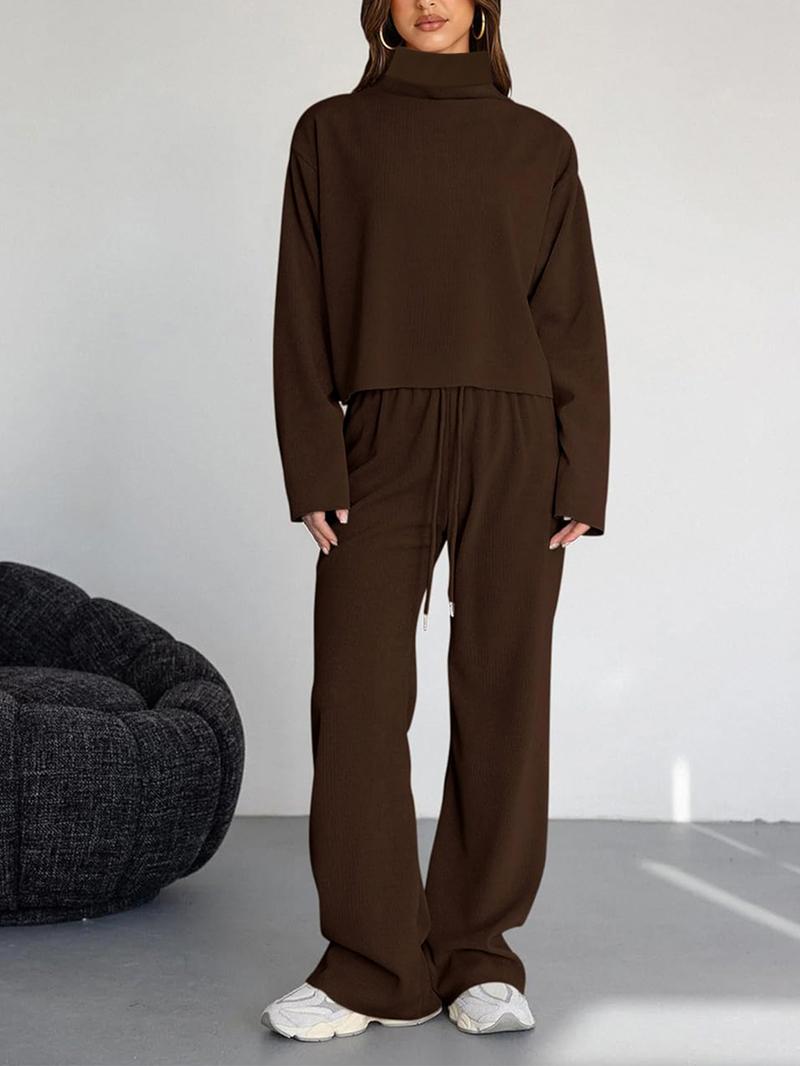 Women's 2 Piece Set Outfits Lounge Sets Ruched Short Sleeve Tops High Waisted Wide Leg Pants Tracksuit Sets, Elegant and casual high-round-neck long-sleeved basic two-piece set Casual Loungewear Set