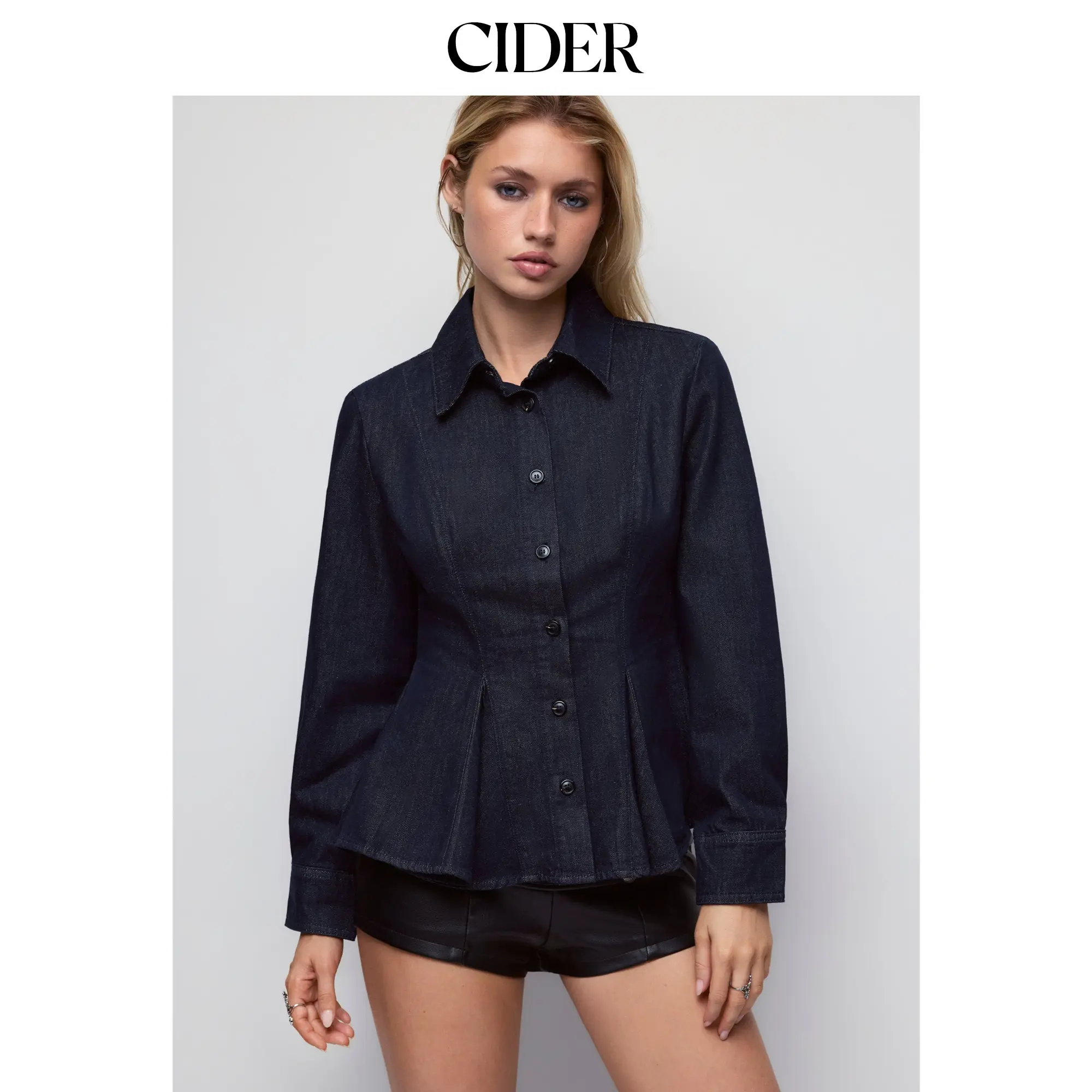 Cider Denim Washed Peplum Hem Long Sleeve Blouse