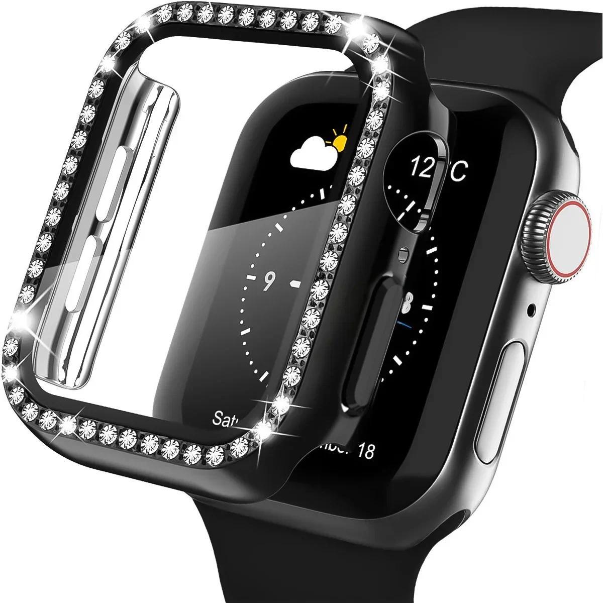Bling Glass+Cover For Apple Watch 11 10 42mm 46mm Diamond Hard PC bumper+Screen Protector Case iwatch series 11 10 Accessories